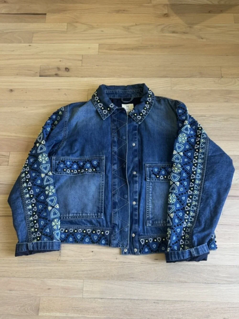 NWT Free People Suzy Beaded Denim Jacket, LARGE - Picture 4 of 7